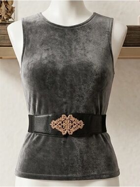 Suzy Shier Black Elastic Cinch Waist Belt Ornate Gold Filigree Buckle Small